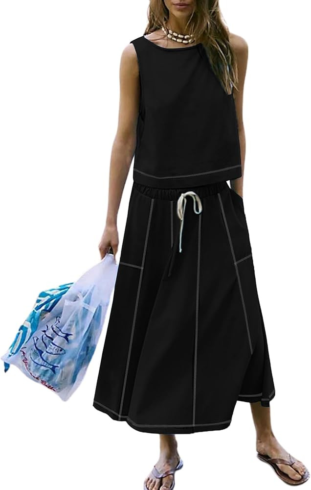 Himosyber Women’s 2 Piece Cotton Skirt Set Sleeveless Draped Tank Top Drawstring Midi Skirt Y2K... | Amazon (US)