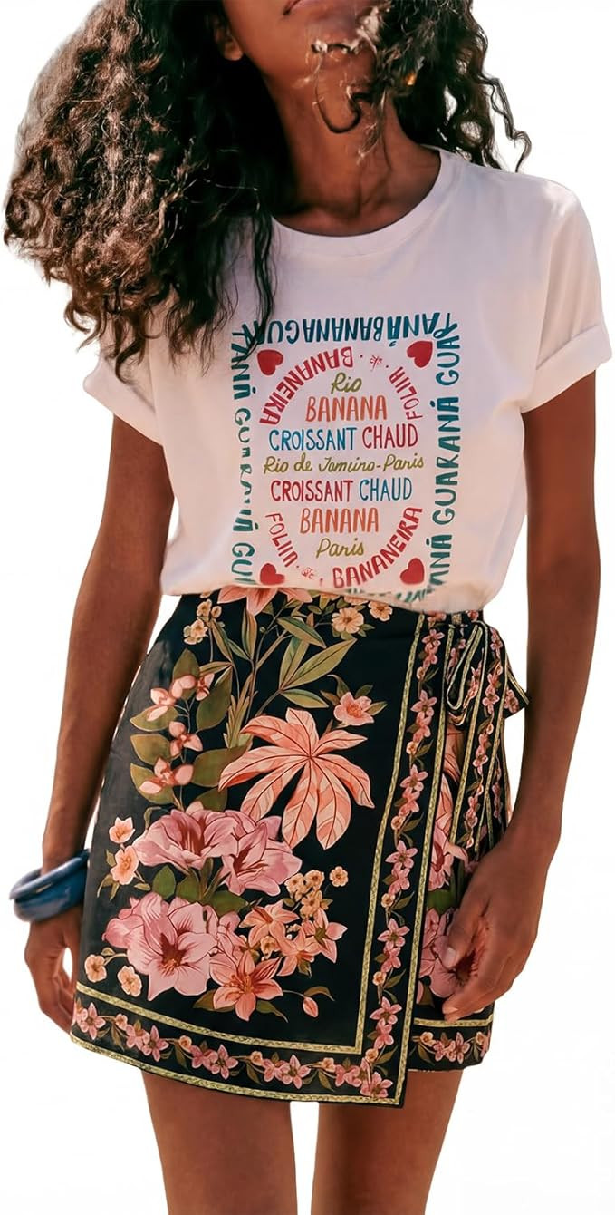 Womens Summer Floral Wrap Short Skirt Tie Side High Waist A Line Beach Vacation Boho Mini Skirt | Amazon (US)
