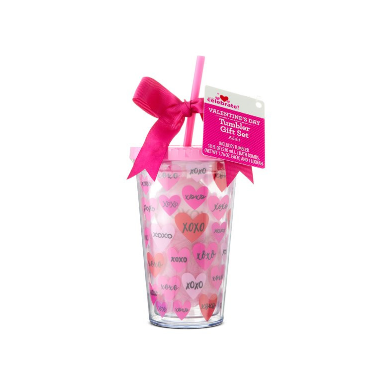 Valentine's Day Pink Heart Tumbler Gift Set, 18 oz, by Way To Celebrate | Walmart (US)