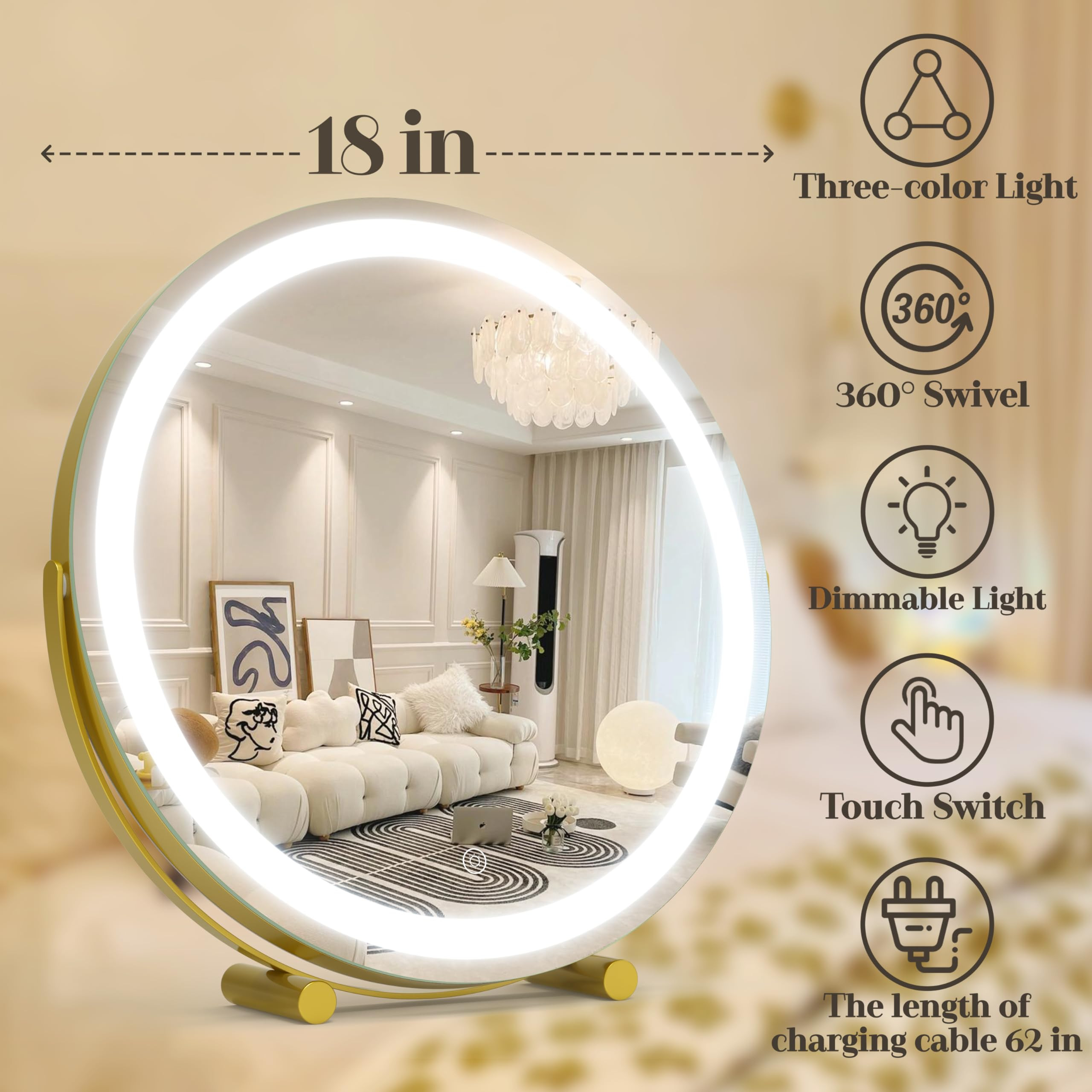 Gold Vanity Mirror, 18 Inch Lighted Makeup Mirror with Smart Touch 3 Colors Dimmable, Tabletop, 3... | Amazon (US)