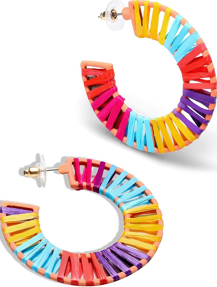 Colorful Rattan Hoop Earrings Handmade Bohemian Statement Earrings Rainbow Geometric Dangle Earri... | Amazon (US)