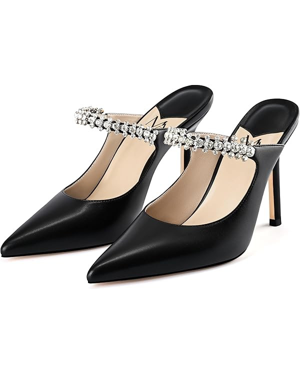 MIRAAZZURRA Women Heeled Mules Rhinestone Strappy Pointed Toe Mules Stiletto High Heels Slip On B... | Amazon (US)
