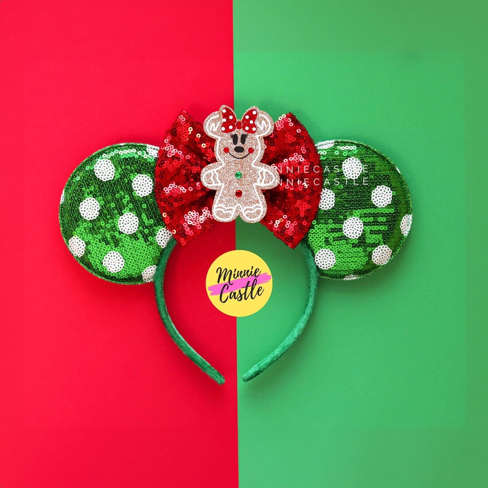 Minnie Gingerbread Christmas Ears, Mickey Headband, Red Bow White Green Polka Dot Holiday Mouse E... | Etsy (US)