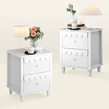 White Nightstand Set of 2 with 2 Drawers, Modern Night Stand Set 2 with Petal Pattern for Bedroom... | Amazon (US)