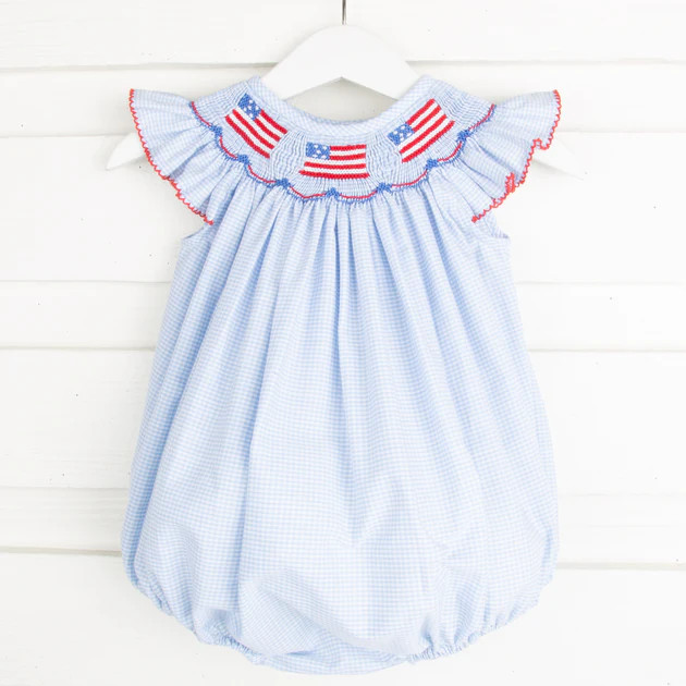 Flag and Banner Smocked Bubble Light Blue Gingham | Classic Whimsy