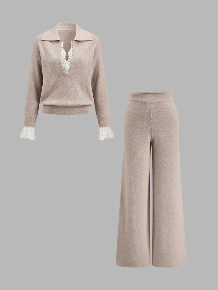 Polo Neck Lace Trim Knit Two Piece Outfit | Commense