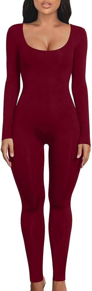LAGSHIAN Women's Sexy Bodycon Long Sleeve Scoop Neck One Piece Jumpsuit Romper | Amazon (US)