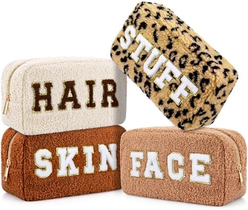 Paterr 4 Pcs Christmas Chenille Letter Preppy Patches Makeup Pouch Bag Plush Fuzzy Makeup Pouch Hair Skin Face Stuff Bag Large Cosmetic Purse Zipper Travel Toiletry Kit for Gift(Brown Colors) | Amazon (US)