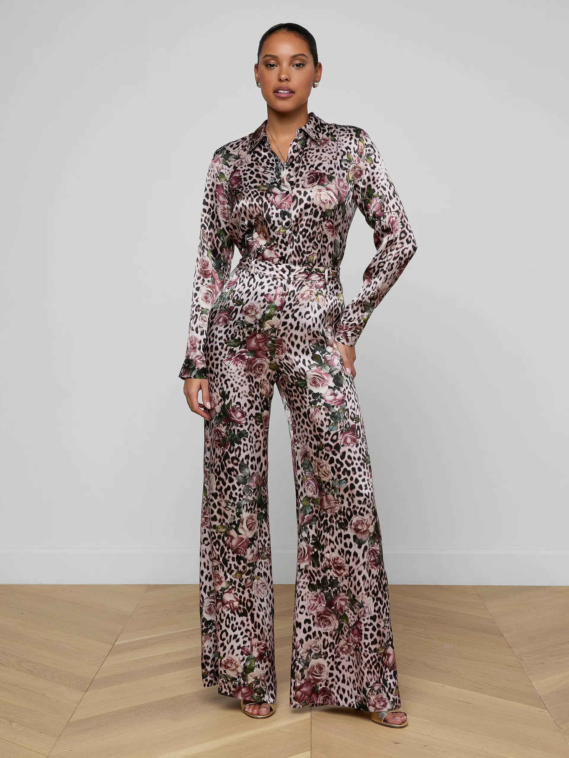 Pilar Silk Wide-Leg Pant in Multi Small Rose Cheetah | L'AGENCE | L'Agence