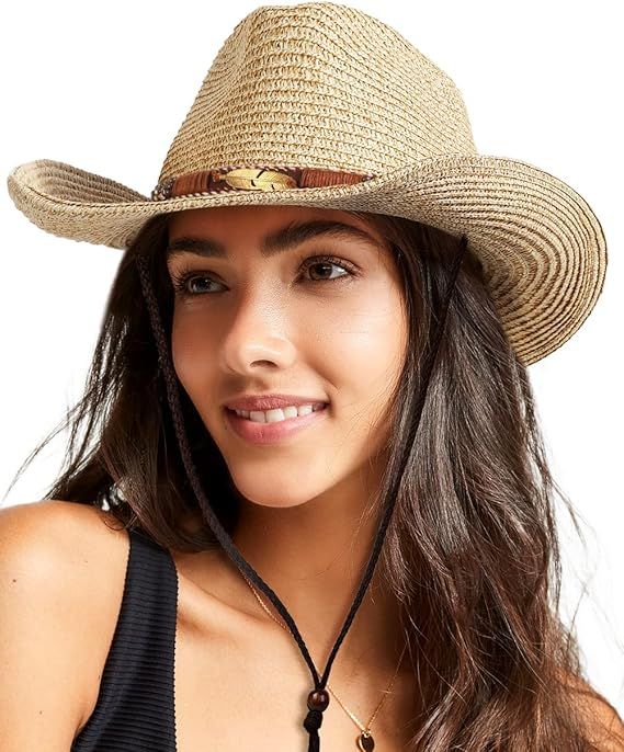 Women Straw Sun Hat Mens Cowboy Style Garden Hat UPF 50+ Wide Brim Summer Hat with Wind Lanyard | Amazon (US)