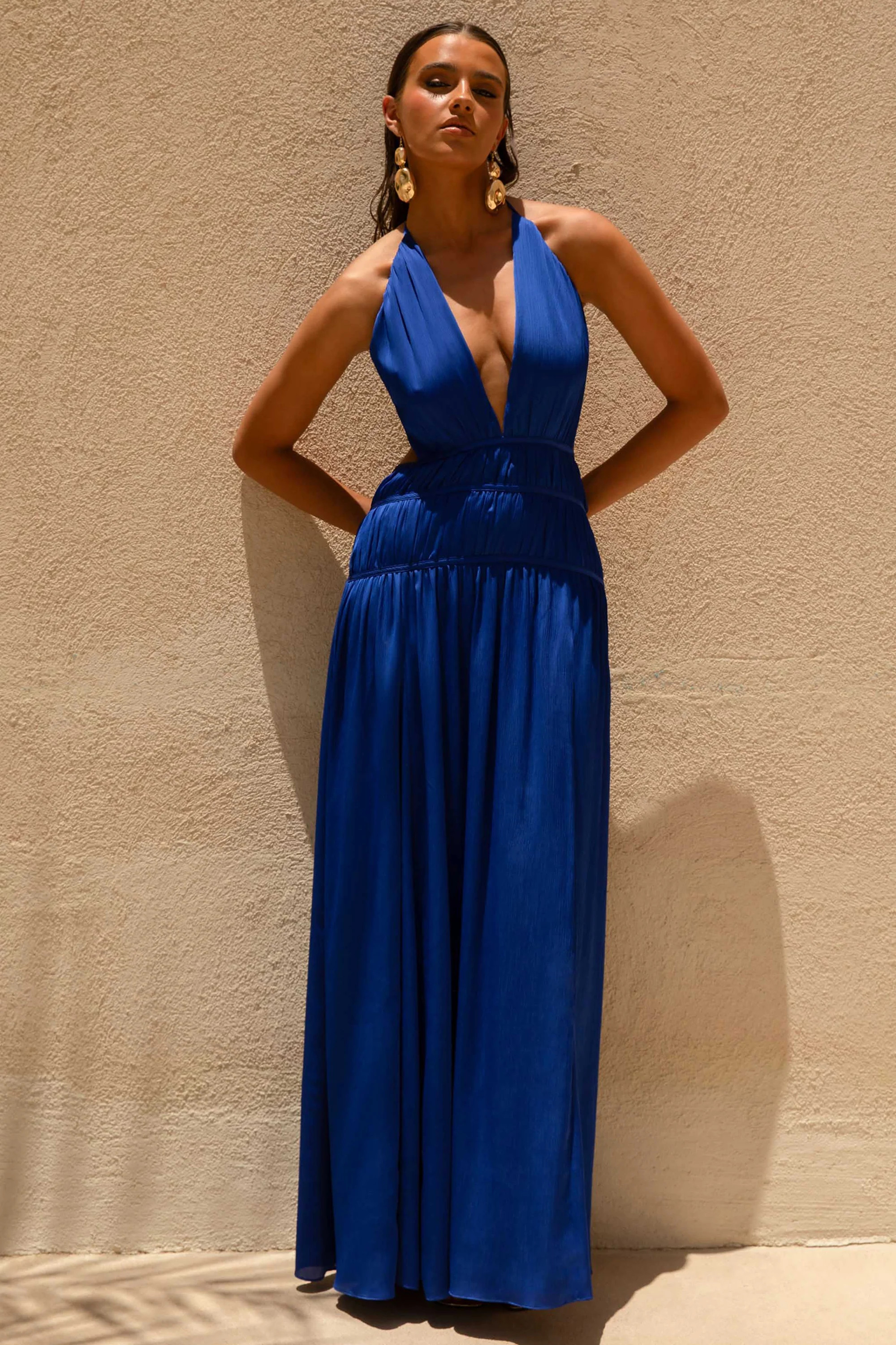 Pacific  Blue Halter-Neck Maxi Dress with Open-Back | Club L London