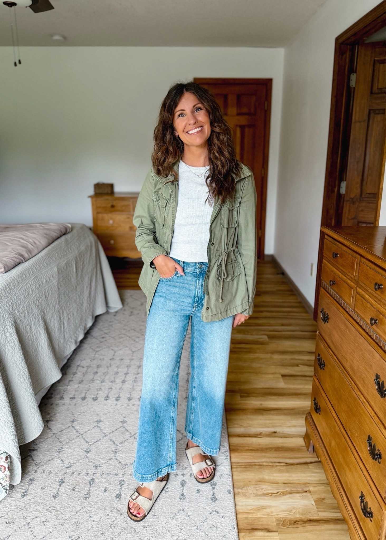 wide leg jeans fall outfit👖

small in my tee, 24 short/petite in my jeans, 36 in my sandals. My green canvas jacket is from my college days and sooo old, so linked a bunch of similar styles

#LTKPetite #LTKSeasonal #LTKootd