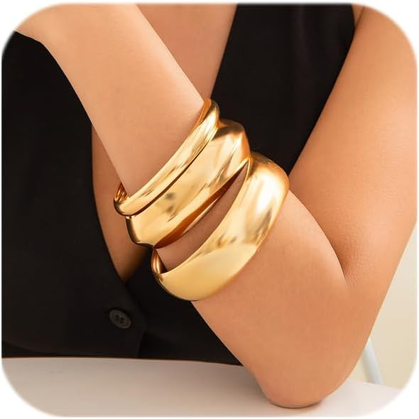 3PCS Chunky Gold Bangle Bracelets Trendy Wide Chunky Cuff Bangles Bracelets Gold Stackable Bracel... | Amazon (US)