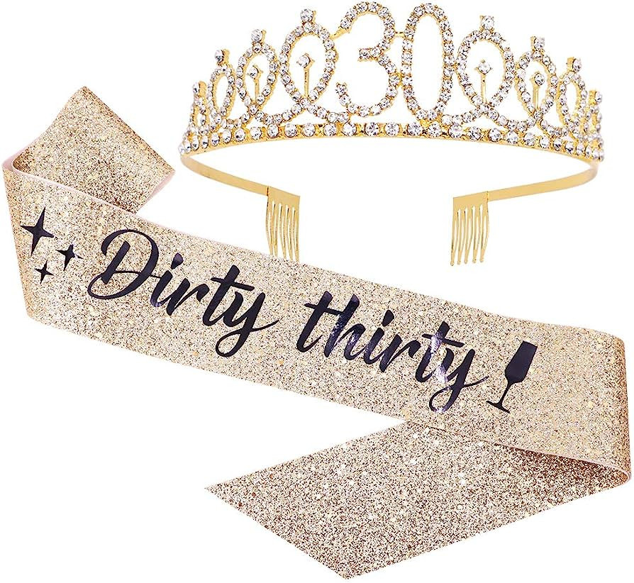 "Dirty Thirty" Sash & Rhinestone Tiara Set - 30th Birthday Gifts Birthday Sash for Women Fun Part... | Amazon (US)