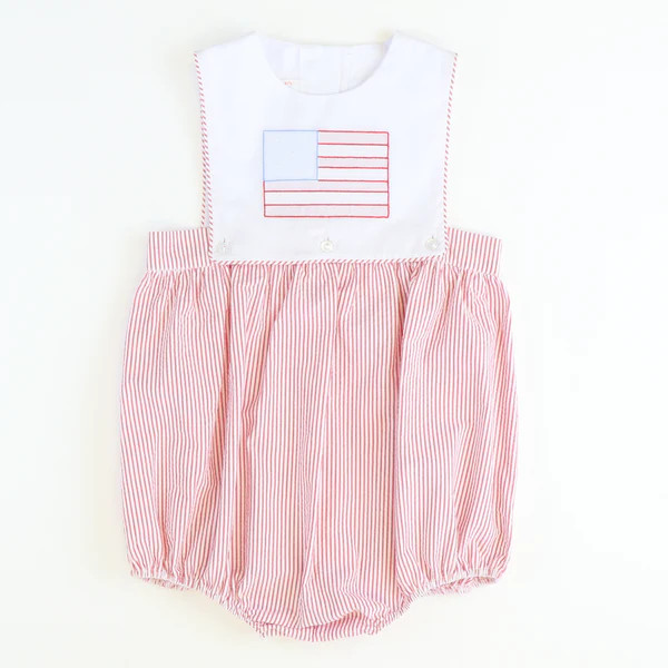Americana Embroidered Flag Girl Bubble - Red Stripe Seersucker | Southern Smocked Co.