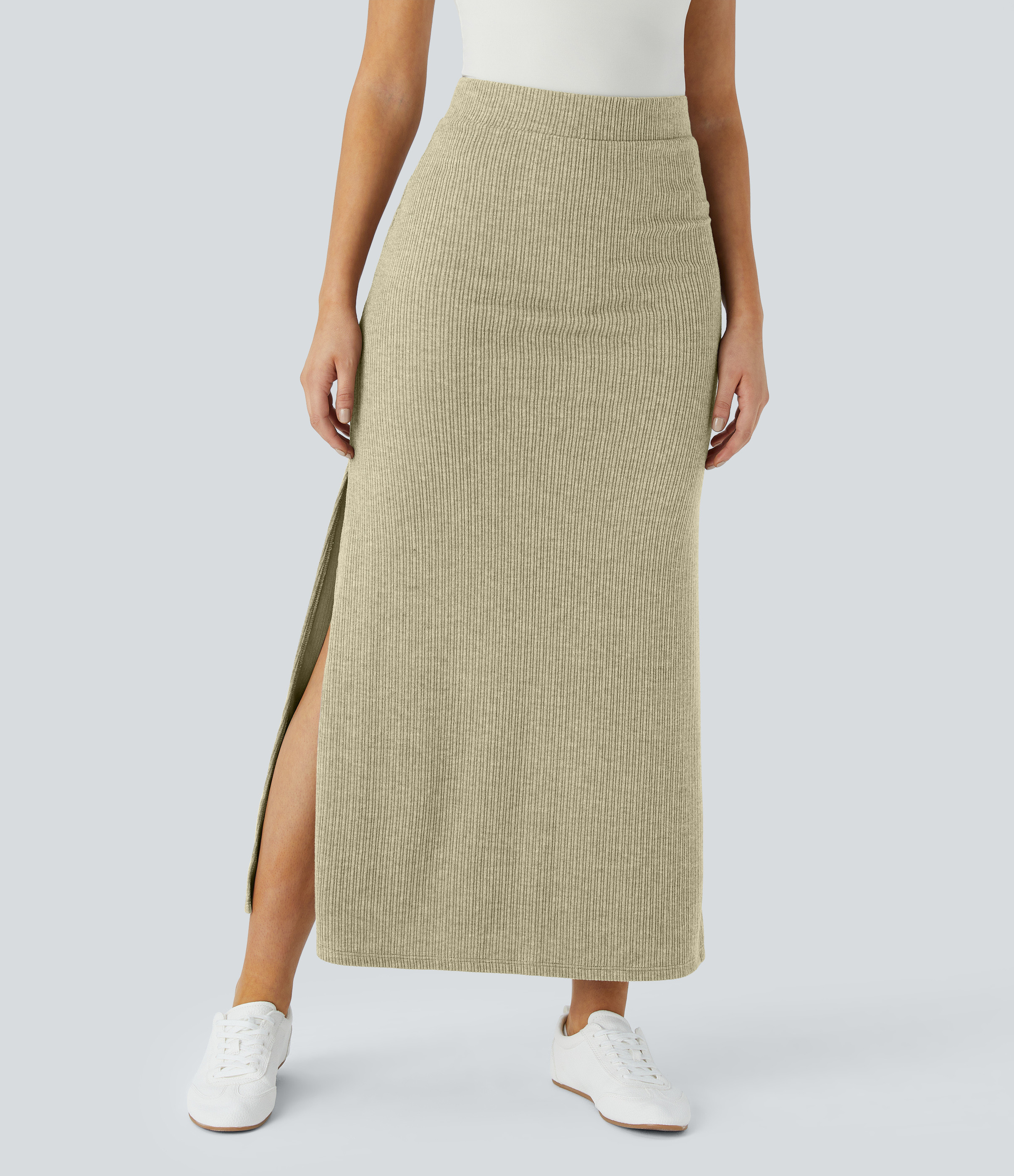Halara Ribbed High Waisted Hem A Line Maxi Casual Skirt - Gray Green - XL(regular) | HALARA