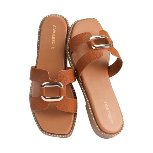 AIWGLESOLE Women's Flat Sandals with Metal Chain Studs-Summer 2025 Comfortable Casual Dressy Slides(Brown,8.5) | Amazon (US)
