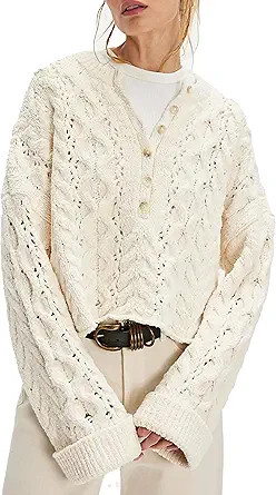 Women's Chunky Cable Knit Sweater Casual Long Sleeve Crewneck Crochet Pullover Boho Fall Winter T... | Amazon (US)