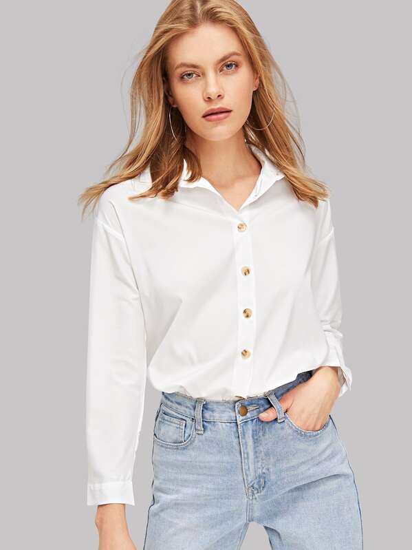 Branco Botão Simples Casual Blusas | SHEIN