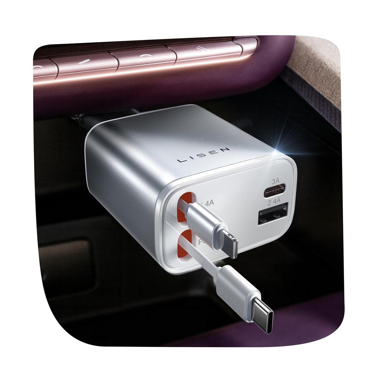 Lisen Retractable Car Charger 4-in-1, 75W Fast Charging Usb-c Car Adapter with Built-in Cables, Multi Device Charger for iPhone, Samsung, iPad - White | Macy's