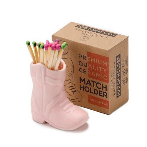 AetheresEmporium Ceramic Cowboy Boot Match Holder with Striker 4-Inch Portable Vintage Match Holder in Pink, Black, White or Terracotta - Cute Decor Match Holder (No Matchsticks Included) (Pink) | Amazon (US)