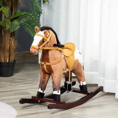 Qaba Kids Metal Plush Ride-On Rocking Horse Chair Toy With Realistic Sounds - Dark Brown/White | Wayfair North America