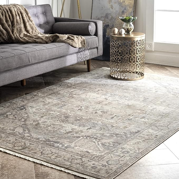 nuLOOM Harriet Vintage Medallion Fringe Area Rug, 3' x 5', Silver | Amazon (US)