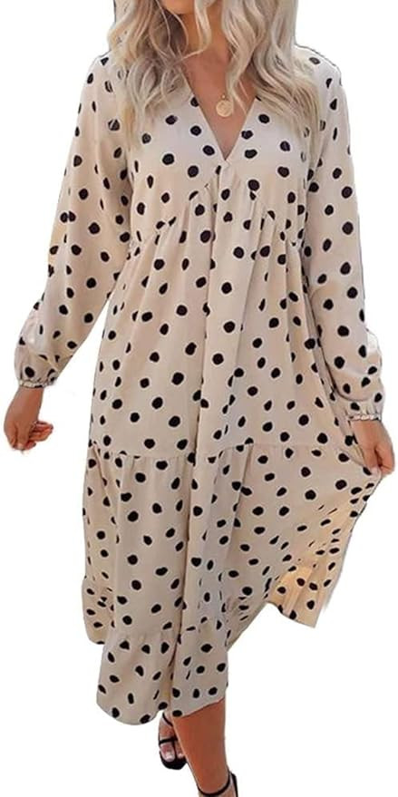 Gyrans Womens Bohemian Polka Dots V Neck Long Sleeve Maxi Dress Casual Loose Swing Flowy Long Dre... | Amazon (US)