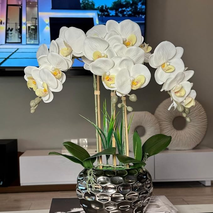 Giulia Real Touch White Orchid Arrangement – Faux Phalaenopsis Flowers in Beveled Silver Cerami... | Amazon (US)