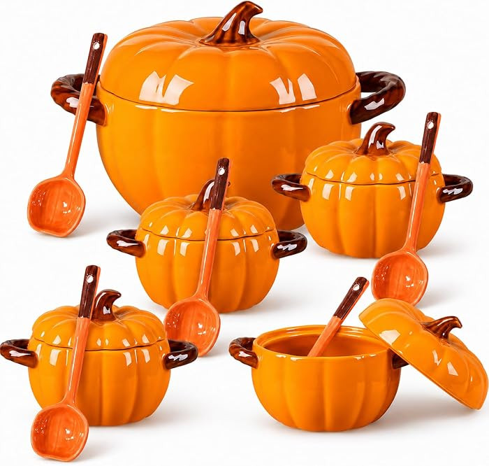 Set of 5 Ceramic Pumpkin Bowls, Pumpkin-Shaped Soup Serving Pot Storage Jar with Lid and Spoon fo... | Amazon (US)