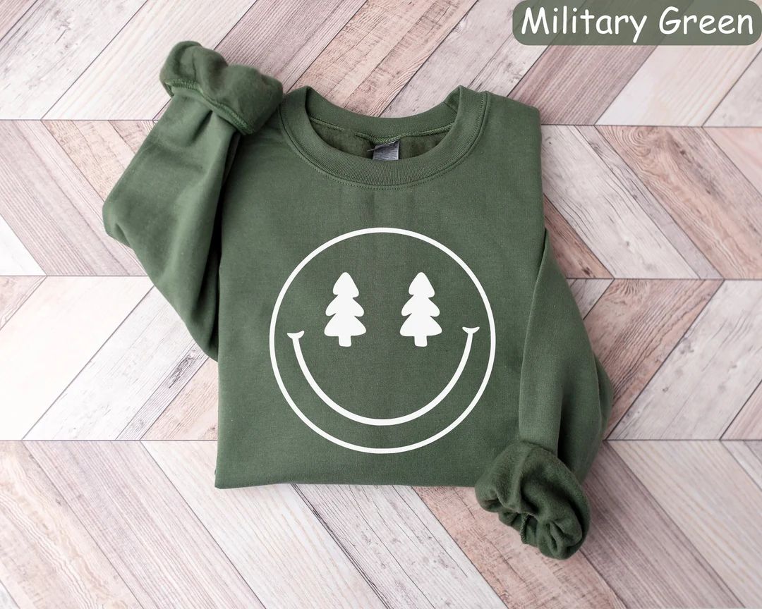Christmas Smiley Face Sweatshirt Christmas Tree Shirt Womens - Etsy | Etsy (US)