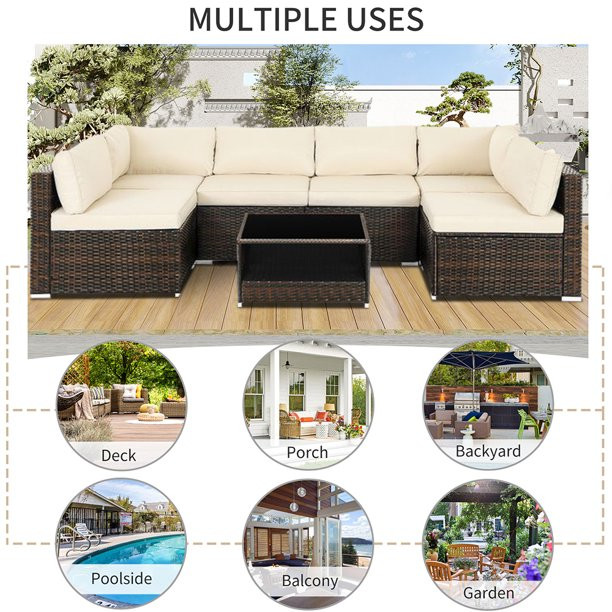 7 Piece Rattan Sectional Sofa Set, Outdoor Conversation Set, All-Weather Wicker Sectional Seating... | Walmart (US)