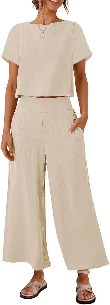 ZESICA Women's 2 Piece Outfits Linen Short Sleeve Crop Top and Wide Leg Pants Lounge Matching Set... | Amazon (US)