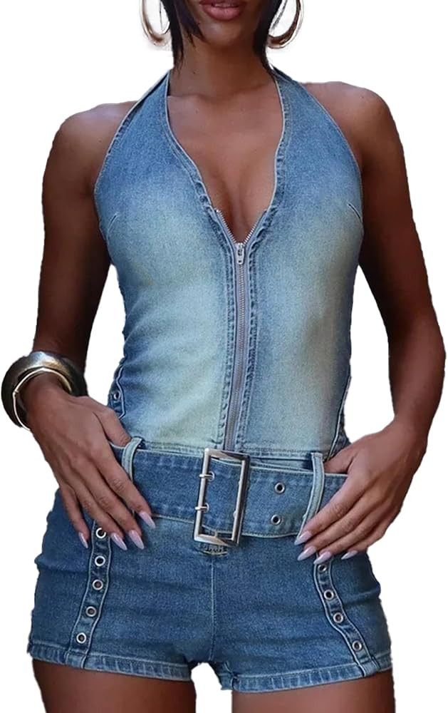 Mandonce Denim Romper for Women Off the Shoulder Halter V Neck Distressed Stretchy Jean Shorts Bo... | Amazon (US)