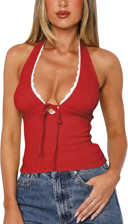 NODHUT Women's Cute Lace Bow V Neck Backless Halter Top Sexy Summer 2025 Ribbed Going Out Tank To... | Amazon (US)