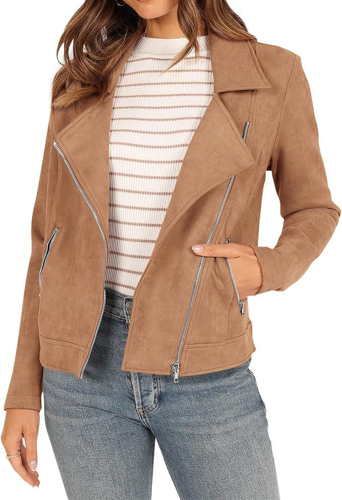 KIRUNDO Womens Faux Suede Jacket 2024 Fall Winter Clothes Casual Zipper Cropped Coat Bomber Biker... | Amazon (US)