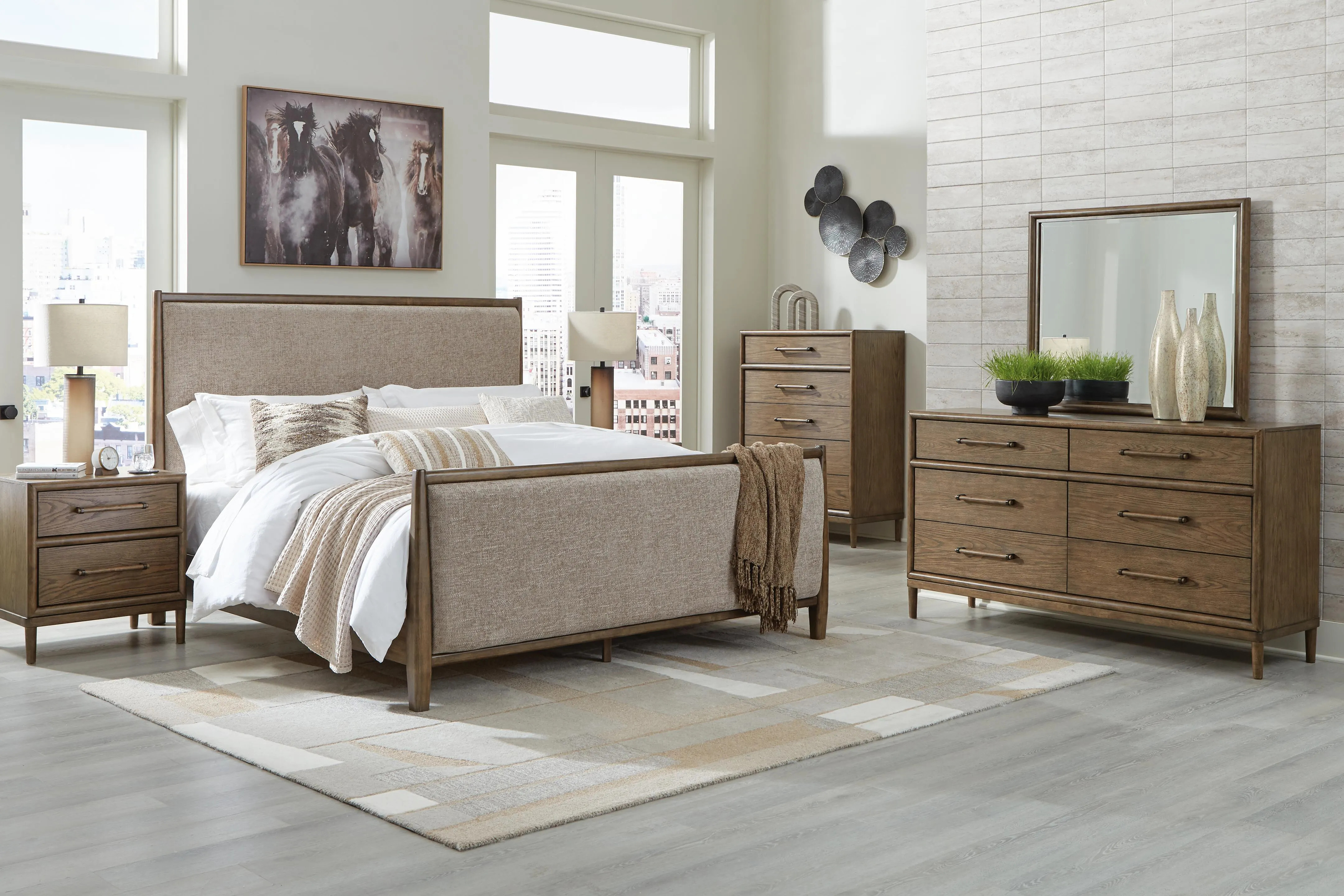 Roanhowe King Upholstered Bed with Mirrored Dresser, Chest and 2 Nightstands, Brown | Ashley