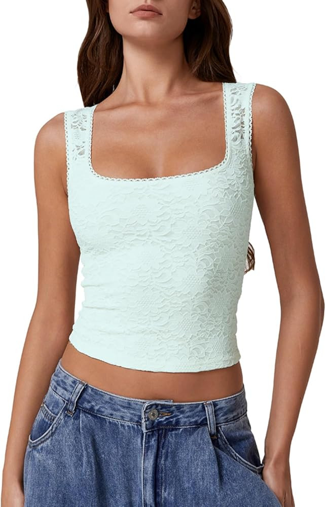 QINSEN Women's Lace Trim Square Neck Sleeveless Double-Layer Tank Top | Amazon (US)