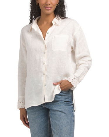 Linen Collared Button Down Embroidered Top For Women | TJ Maxx