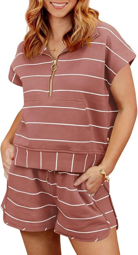 Fisoew Womens Summer 2 Piece Outfits Striped Short Sleeve Zipper Shirts Casual Shorts Loose Loung... | Amazon (US)