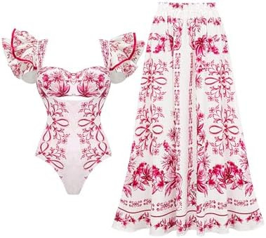 FLAXMAKER Ruffle Blue and White Porcelain Pattern Majolica Print One Piece Swimsuit and Skirt/Sar... | Amazon (US)