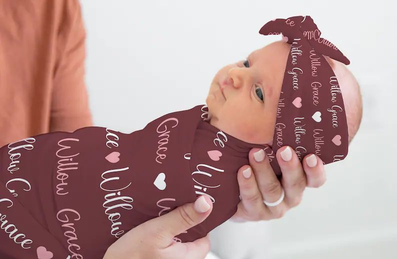 Baby Girl Heart Swaddle, Baby Name Swaddle Blanket Hat Headband Set, Personalized Girl Swaddle Pi... | Etsy (US)