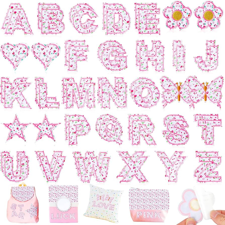 Letter Patches Self-Adhesive for Girls Clothing: Kingsow Pink 60Pcs Flowers Butterfly Letters Pat... | Amazon (US)