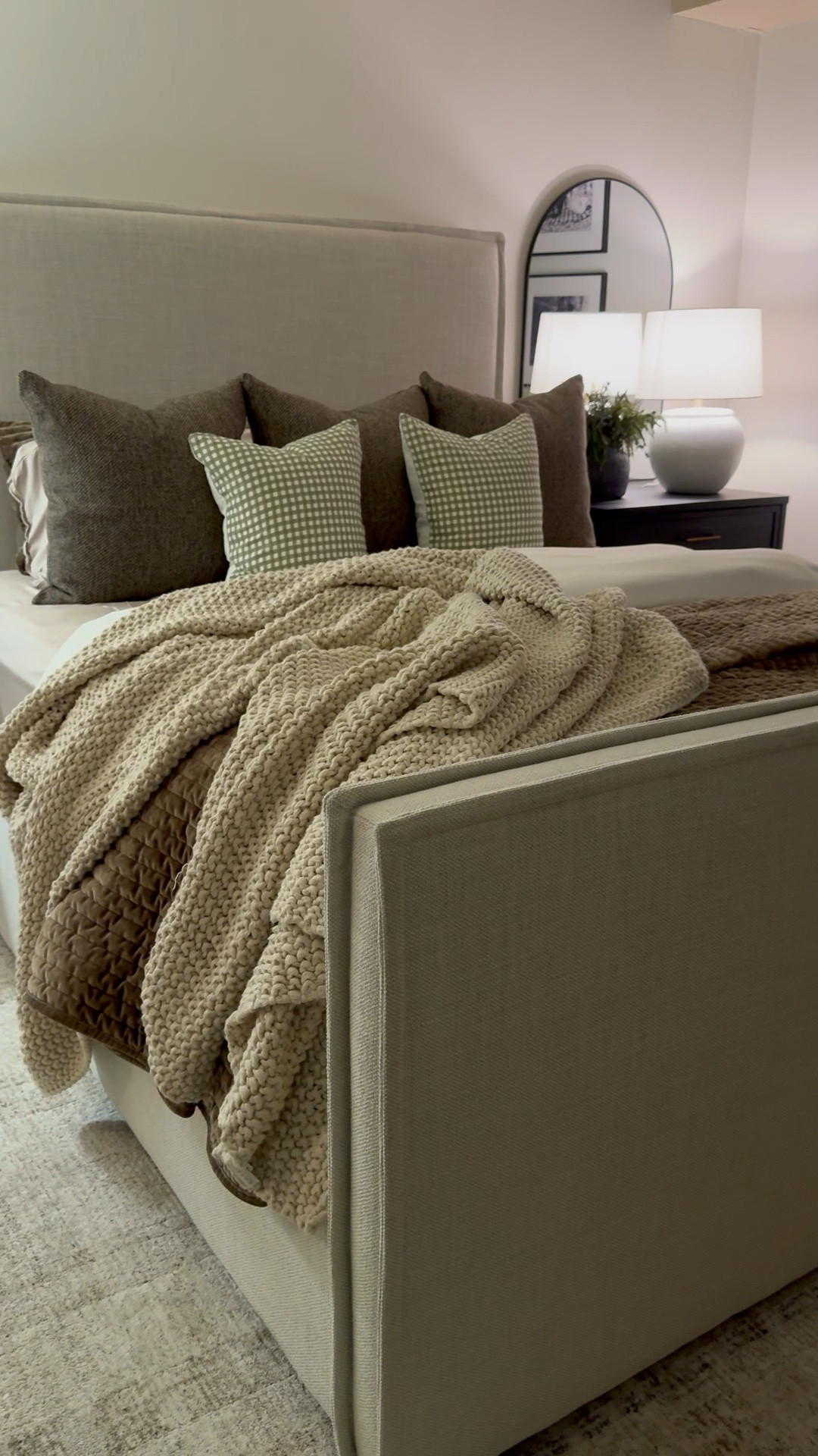 Christmas bedroom, winter decor, knit throw blanket, neutral throw blanket, brown velvet quilt, brown quilt, bamboo sheets, upholstered bed, sawyer bed, Loloi rug, plaid rug, brown curtains, two pages oak dim gray, black nightstands, gingham pillow covers #LTKCyberWeek 

Follow my LTK @thenuttybrunettehome on the @shop.LTK app to view this post and get my exclusive app-only content!

#liketkit #LTKHome #LTKHoliday
@shop.ltk
https://liketk.it/5CNME

#LTKHome #LTKSeasonal #LTKSaleAlert