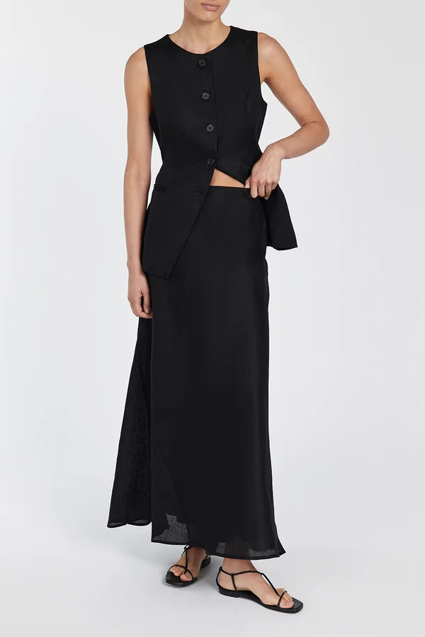 SYRAH BLACK LINEN MIDI SKIRT | DISSH