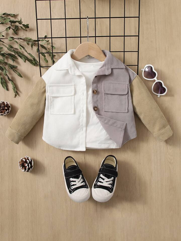 SHEIN Baby Color Block Flap Pocket Jacket Without Tee | SHEIN