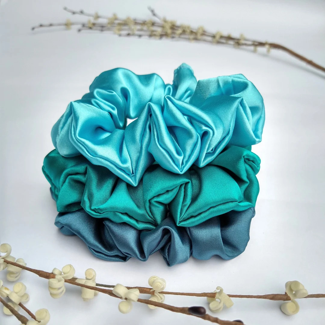 Green Satin Scrunchie Set of 3, Teal Scrunchie, Satin Scrunchie Pack, Bridesmaid Gift, Bacheloret... | Etsy (US)