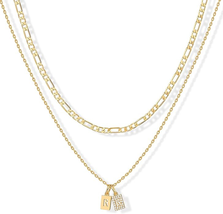 PAVOI 14K Gold Plated Initial Letter Double Dog Tag Pendant Necklace | Dainty Cubic Zirconia Lett... | Amazon (US)