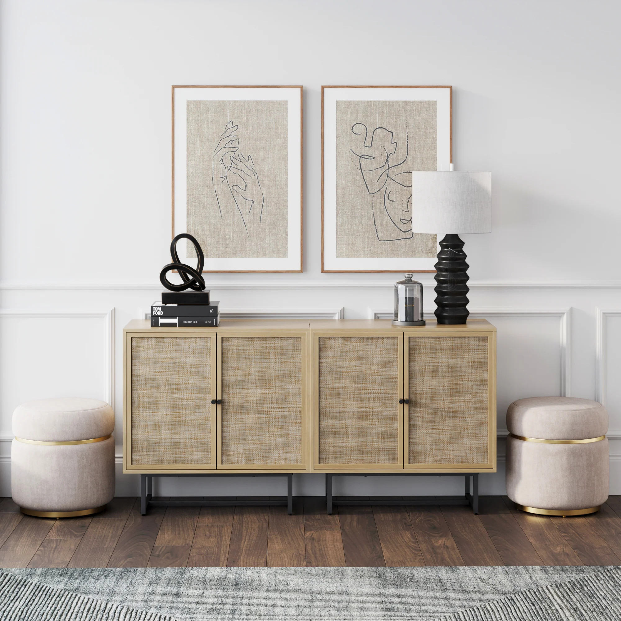 Rattan Storage Cabinet Credenza Oak (Set of 2) | Nathan James
