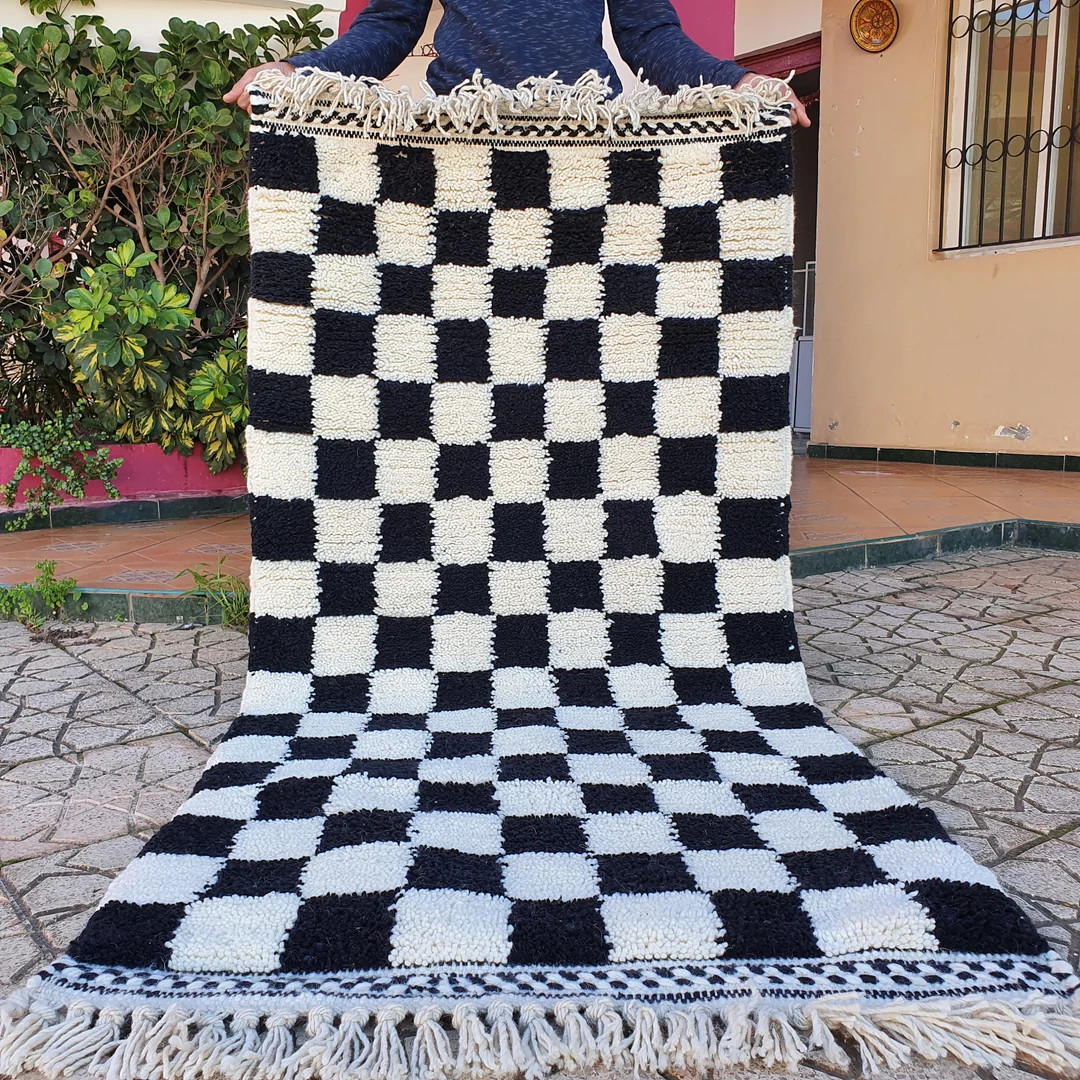 Black checkered moroccan rug Hand Woven Genuine Moroccan checkered carpet Beni Ourain Carpet Soft... | Etsy (US)